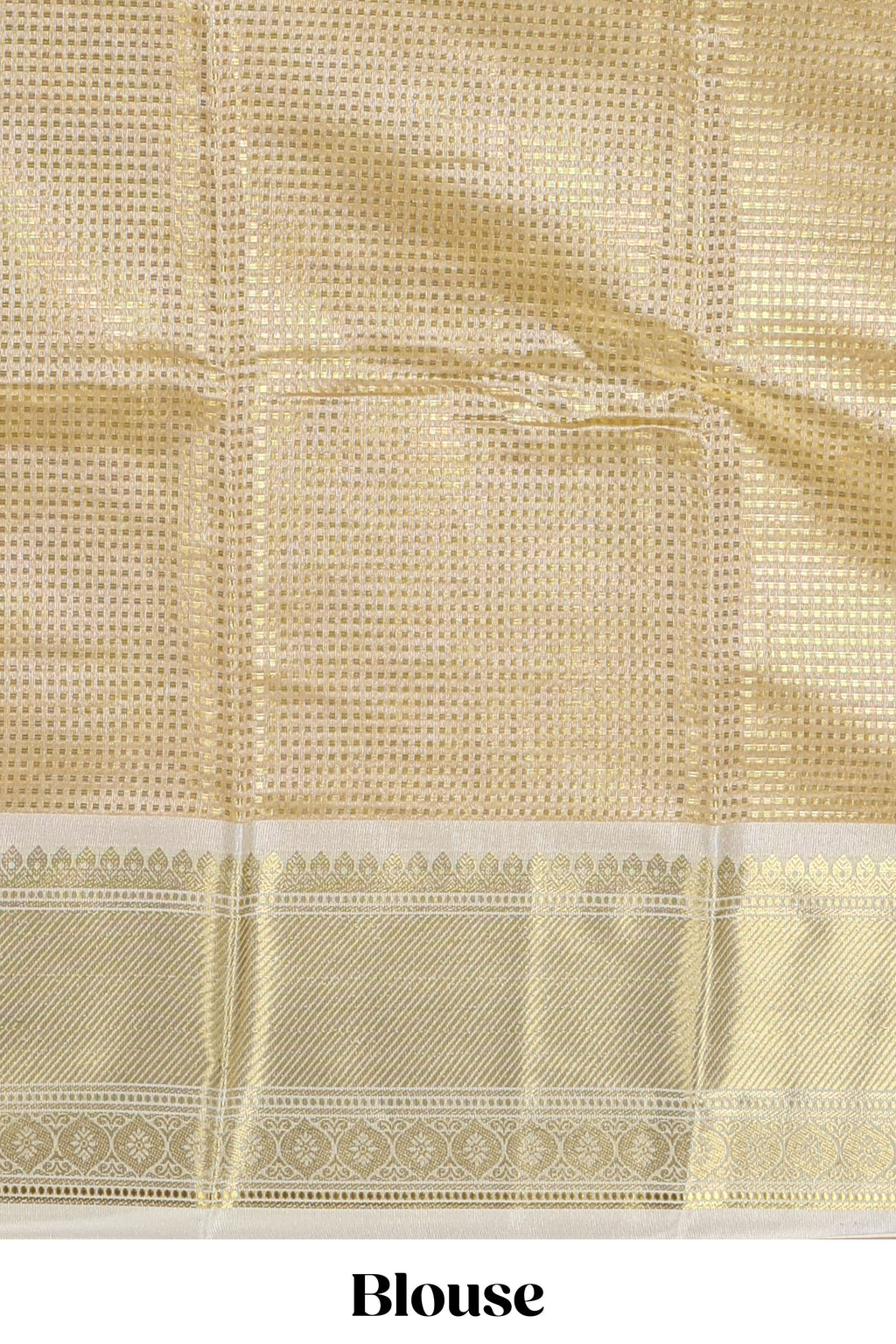 Gold small zari checks design art tissue saree with contrast border and blouse