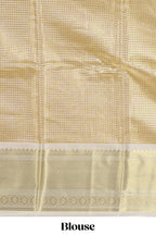 Gold small zari checks design art tissue saree with contrast border and blouse