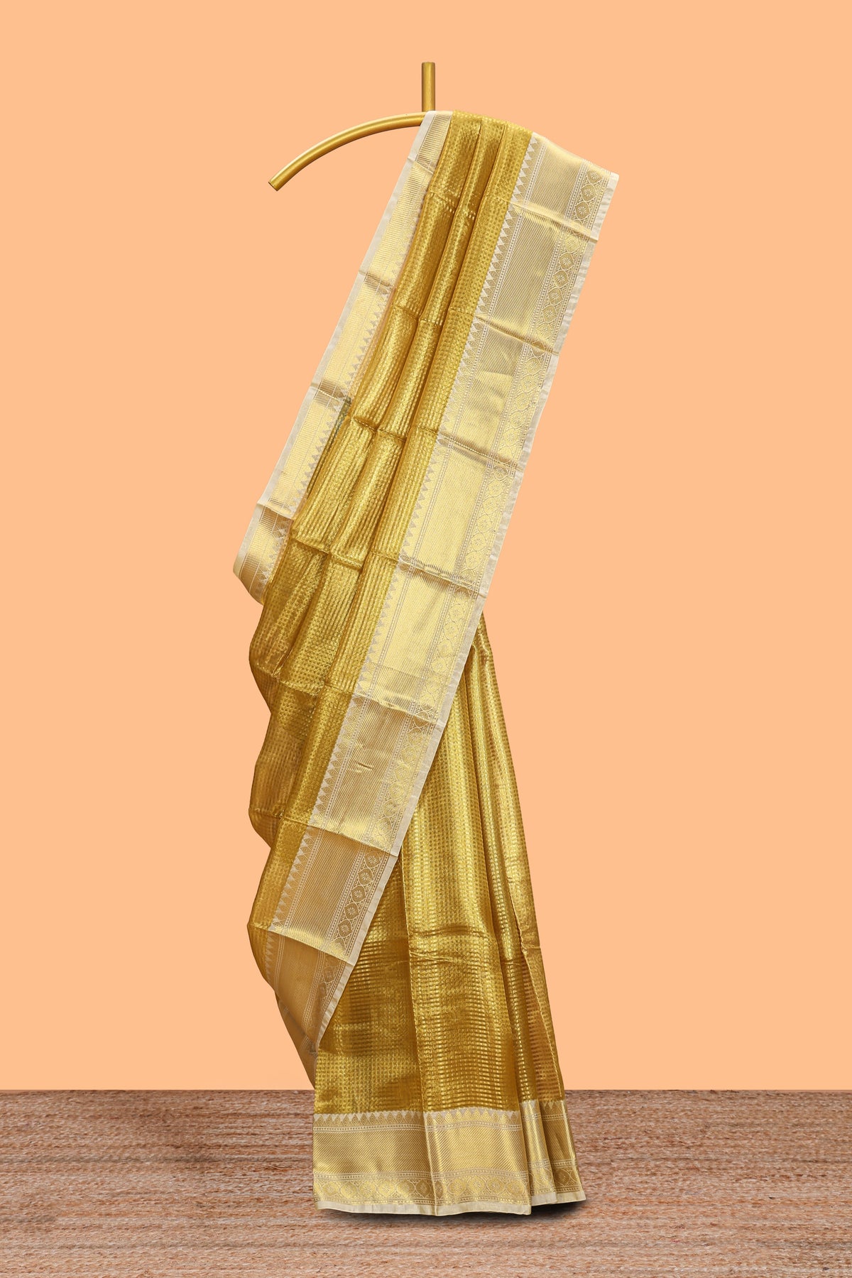 Rust gold small zari checks design art tissue saree with self border and blouse