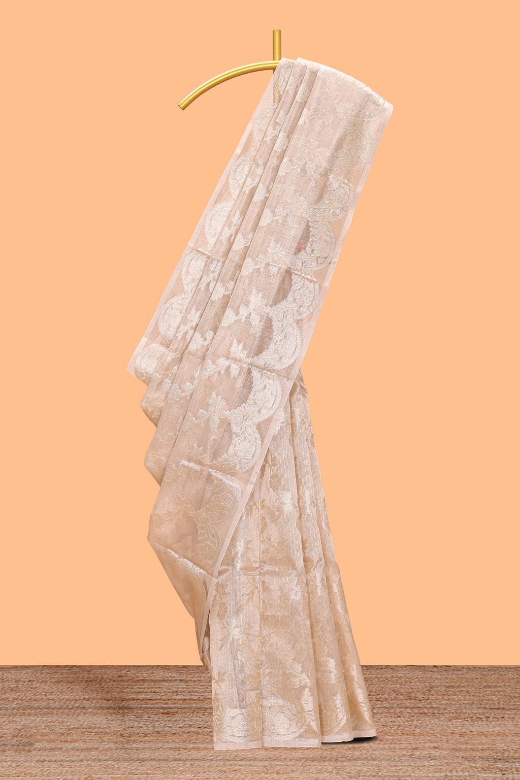 Beige floral zari design art tissue saree with self pallu and matching blouse