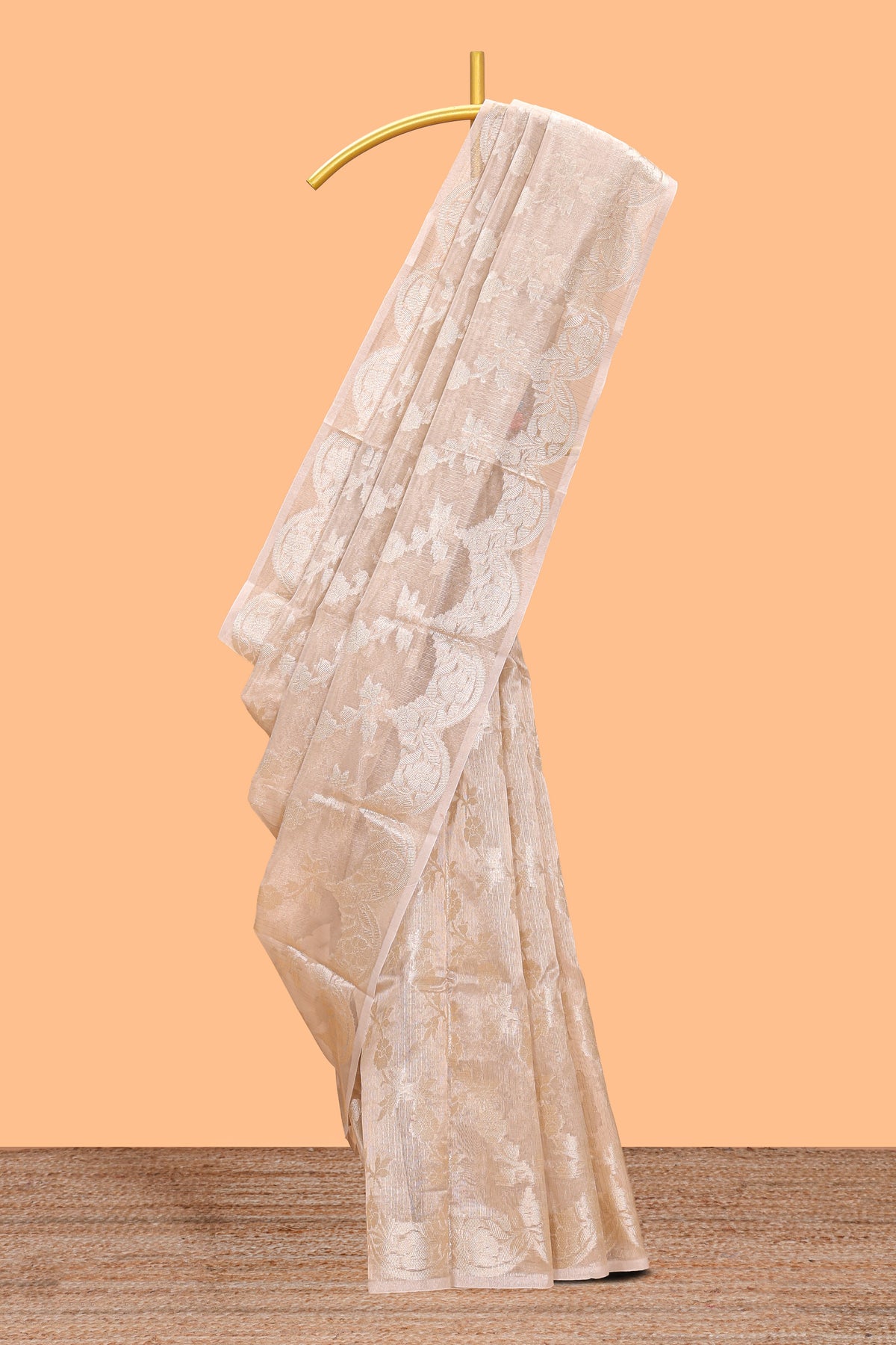 Beige floral zari design art tissue saree with self pallu and matching blouse