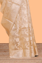 Sandal color floral design art tissue saree with self zari border and zari work blouse
