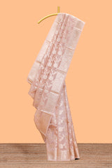 Warm peach floral vine design art tissue saree with zari work border and blouse