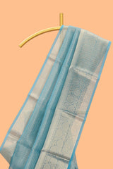 Teal blue Checked art tissue saree with floral zari border and contrast blouse