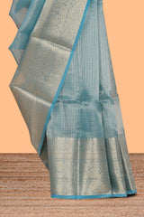 Teal blue Checked art tissue saree with floral zari border and contrast blouse