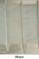 Teal blue Checked art tissue saree with floral zari border and contrast blouse