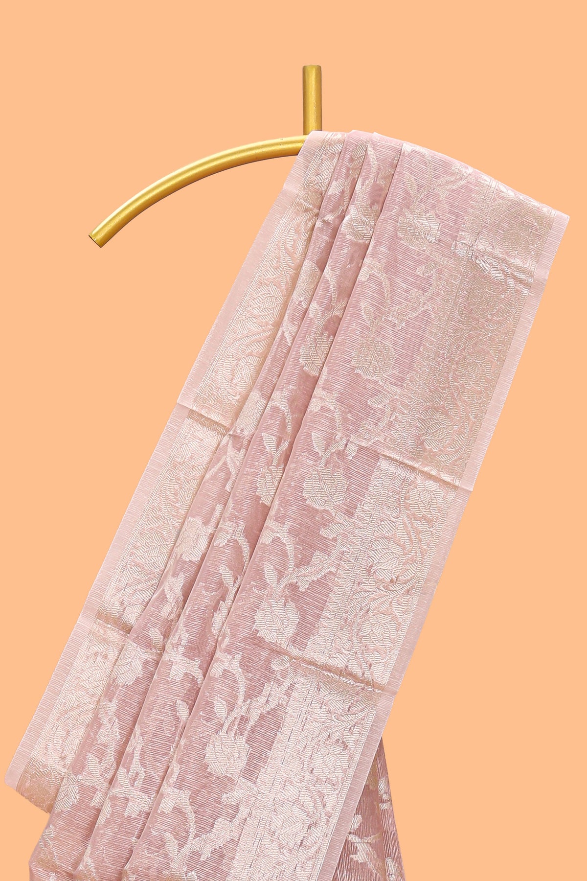 Pastel peach floral vine design art tissue saree with zari border and blouse