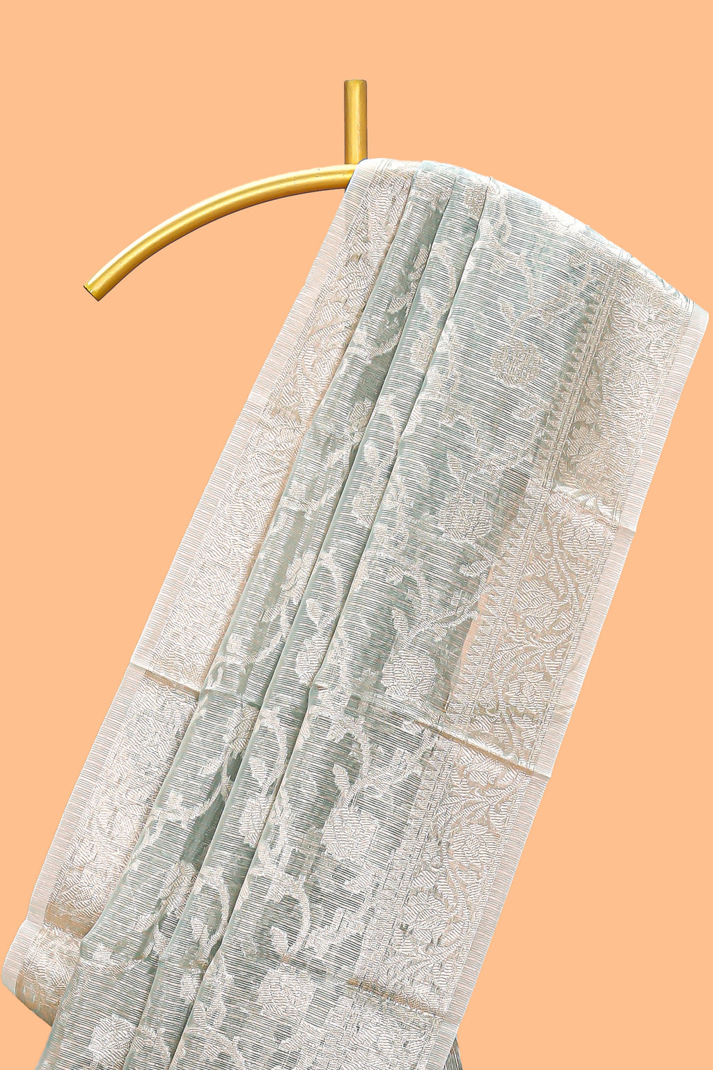 Silver sage green floral design art tissue saree with silver zari border and blouse