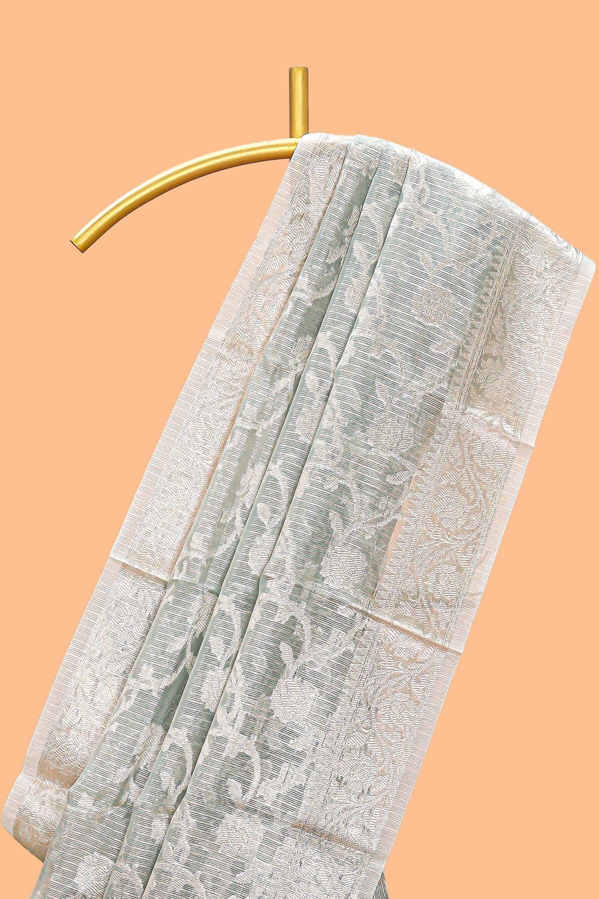 Silver sage green floral design art tissue saree with silver zari border and blouse