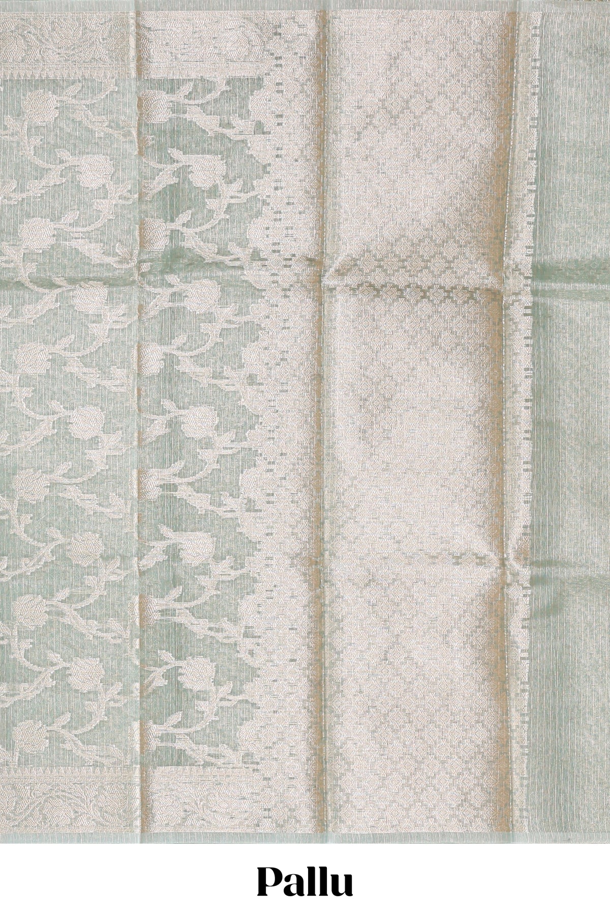 Silver sage green floral design art tissue saree with silver zari border and blouse