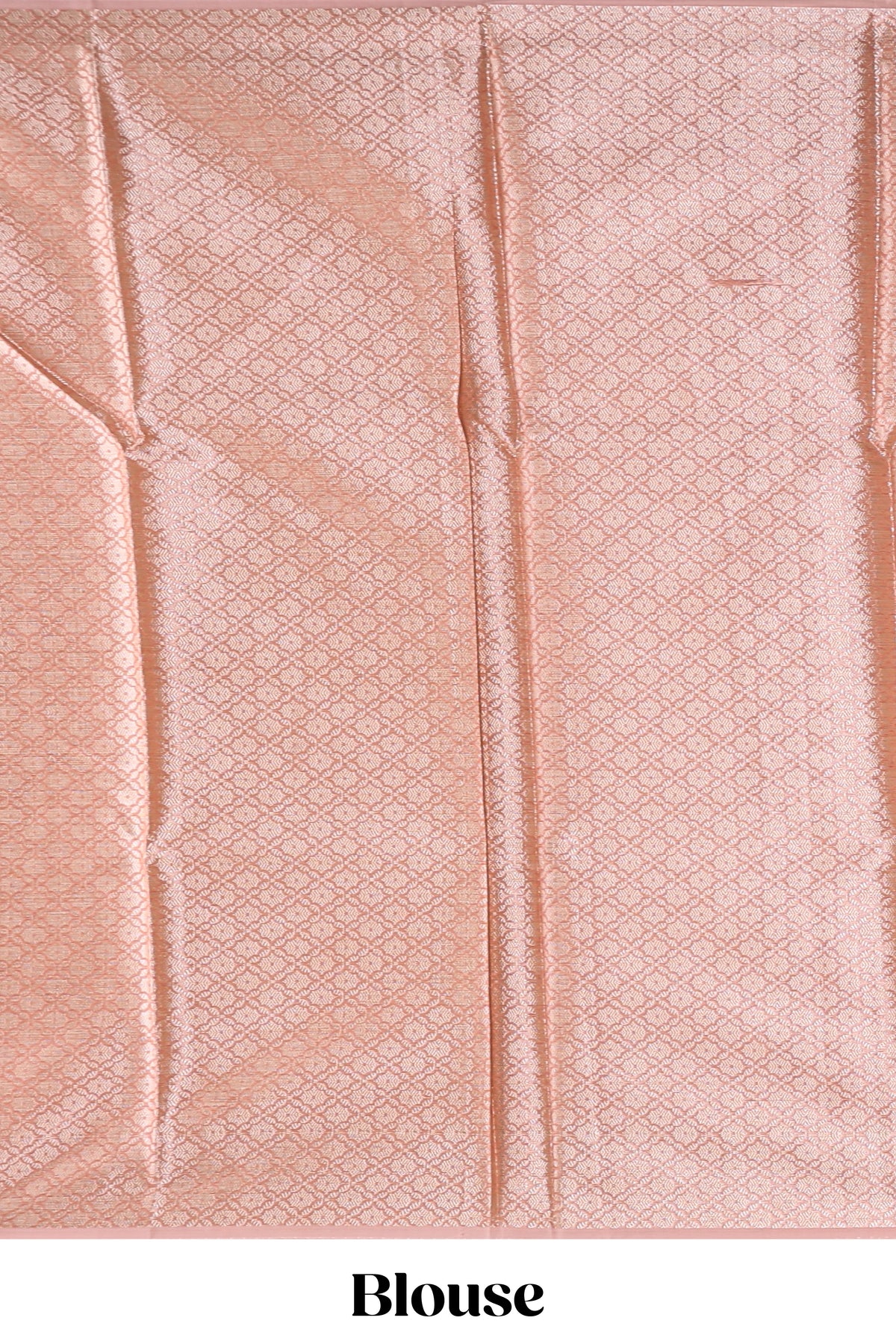 Peach color geometric design art tissue saree with contrast zari border and matching blouse