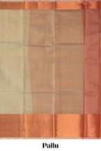 Muted green checked art tissue saree with contrast rust orange border and blouse