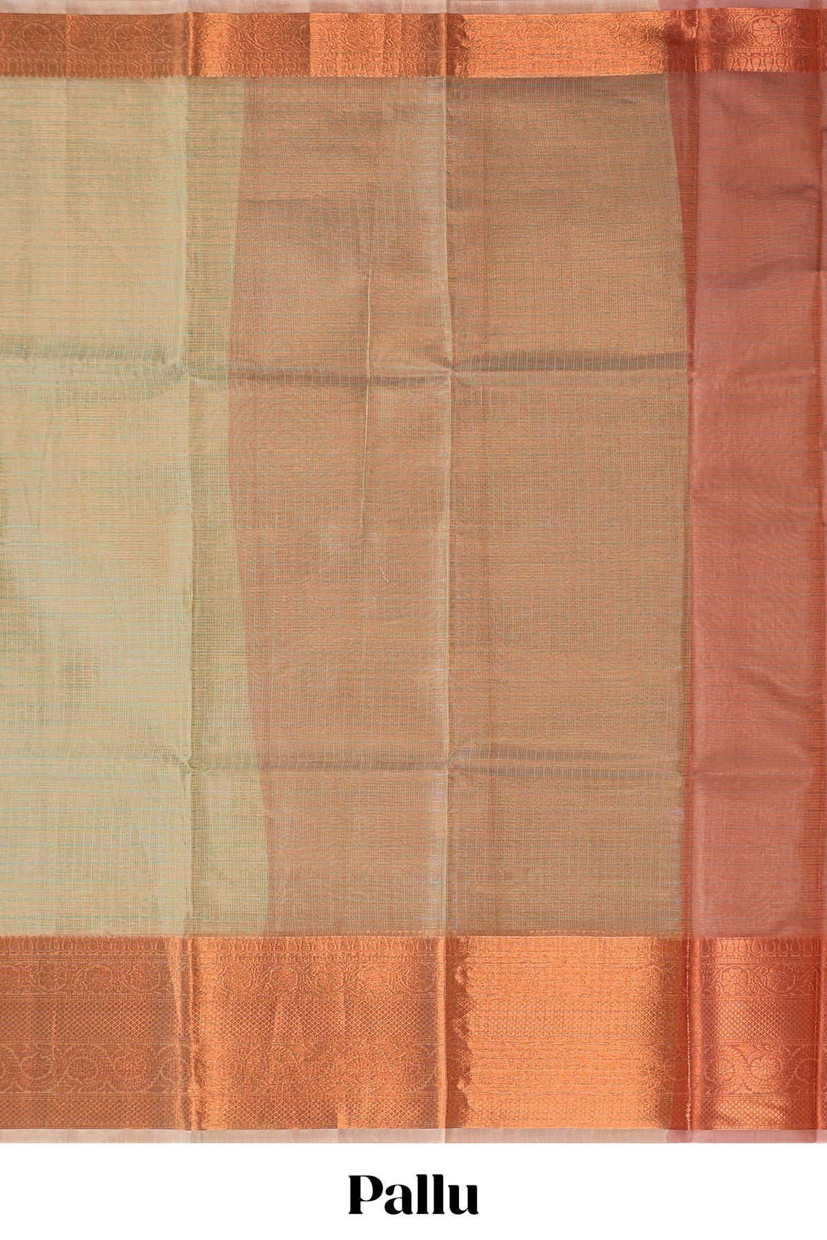 Muted green checked art tissue saree with contrast rust orange border and blouse