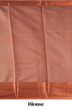 Muted green checked art tissue saree with contrast rust orange border and blouse