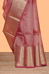 Glossy Maroon checked art tissue saree with self zari border and contrast blouse