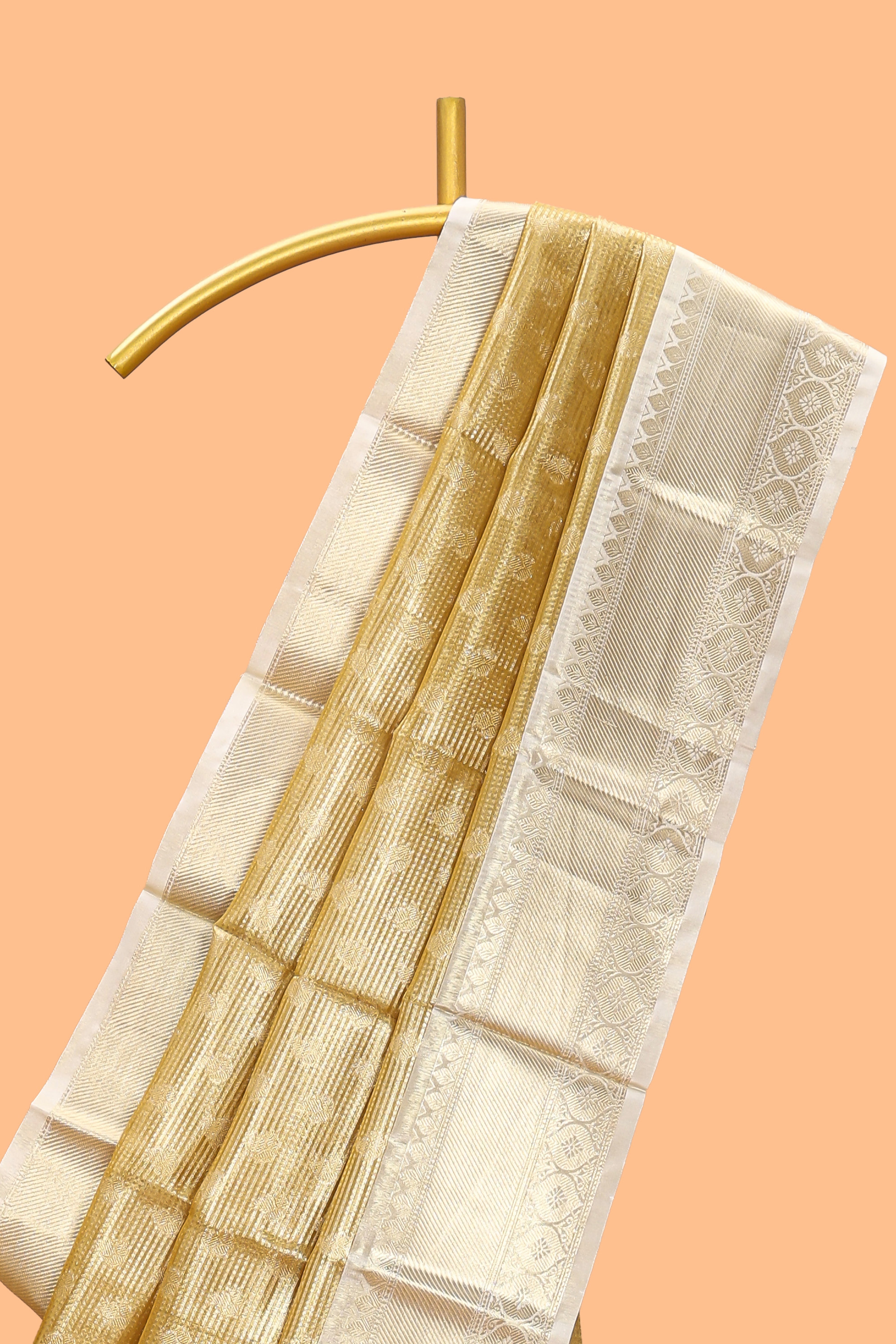 Bright gold zari butta design art tissue saree with contrast border and blouse