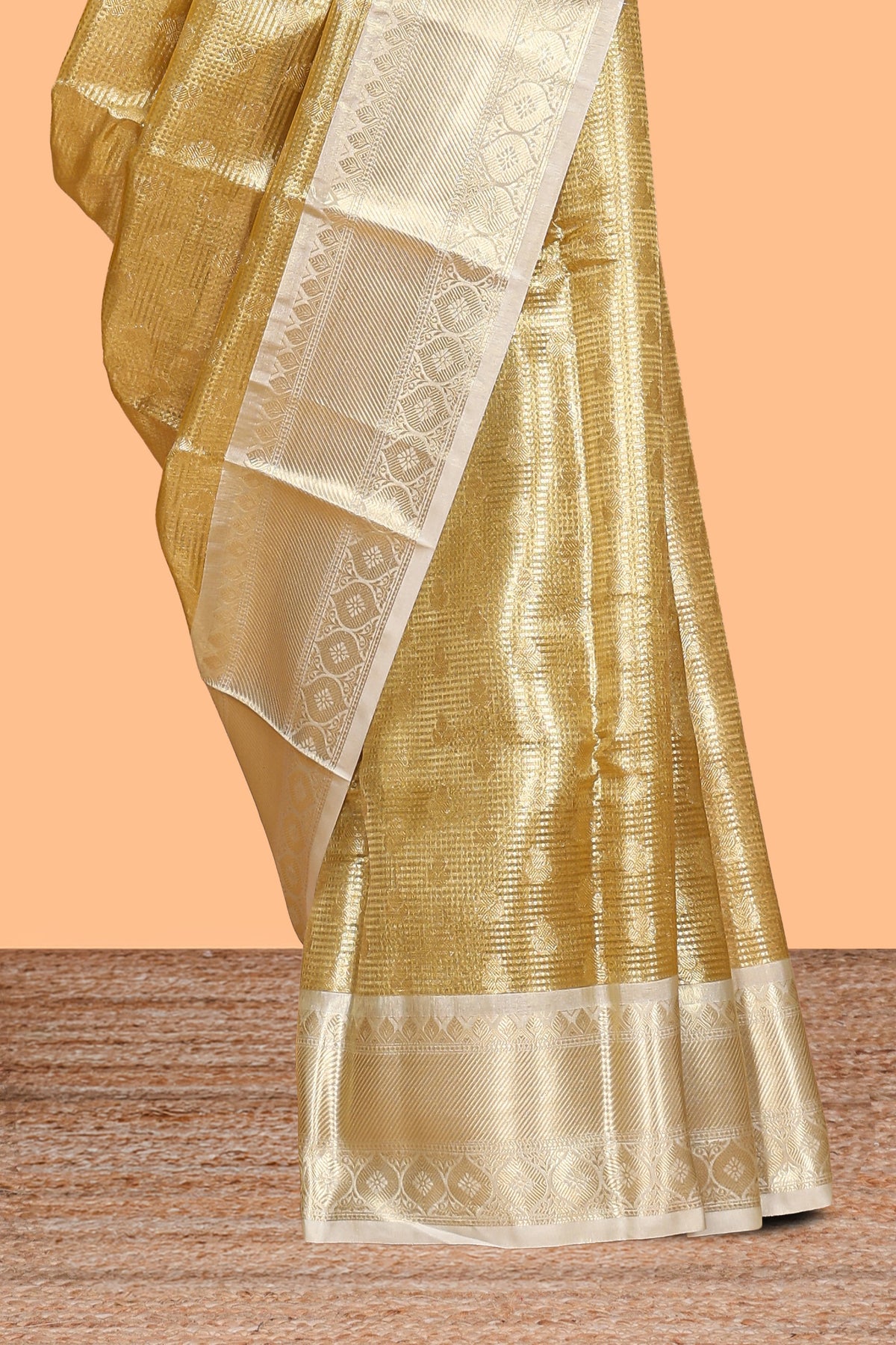 Bright gold zari butta design art tissue saree with contrast border and blouse