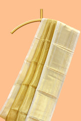 Bright gold zari design art tissue saree with contrast zari border and blouse