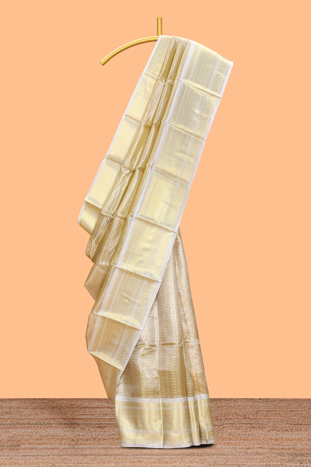 Ivory gold zari design art tissue saree with contrast border and matching border
