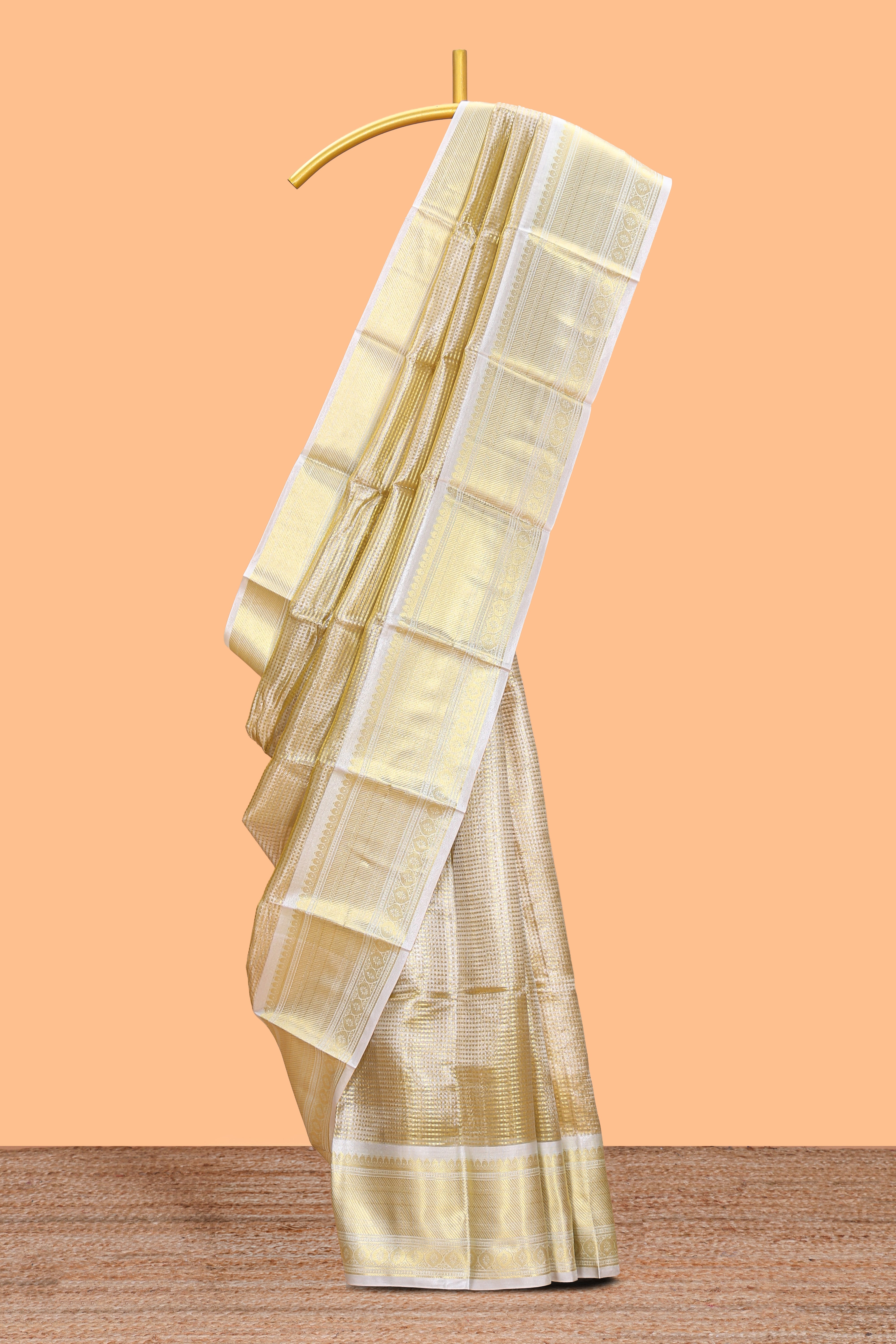 Ivory gold zari design art tissue saree with contrast border and matching border