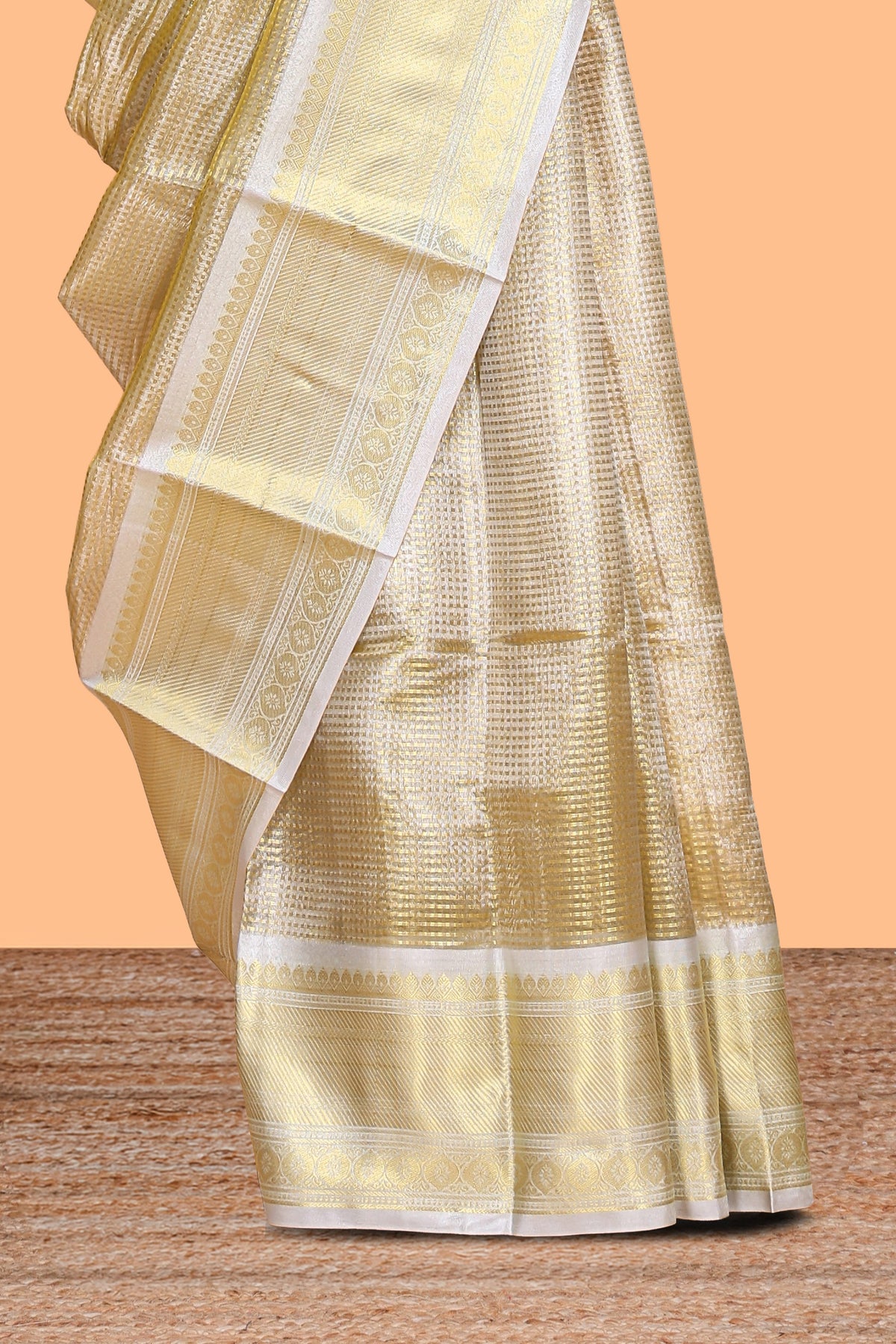 Ivory gold zari design art tissue saree with contrast border and matching border