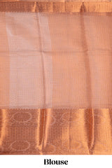 Coppor peach plain art tissue saree with contrast zari border and matching blouse
