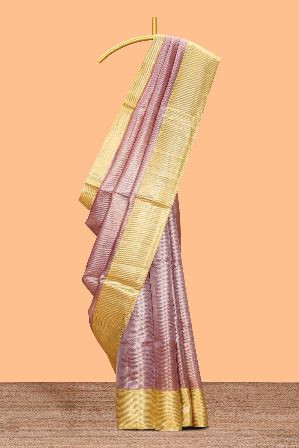 Dusty rose plain art tissue saree with contrast yellow border and blouse