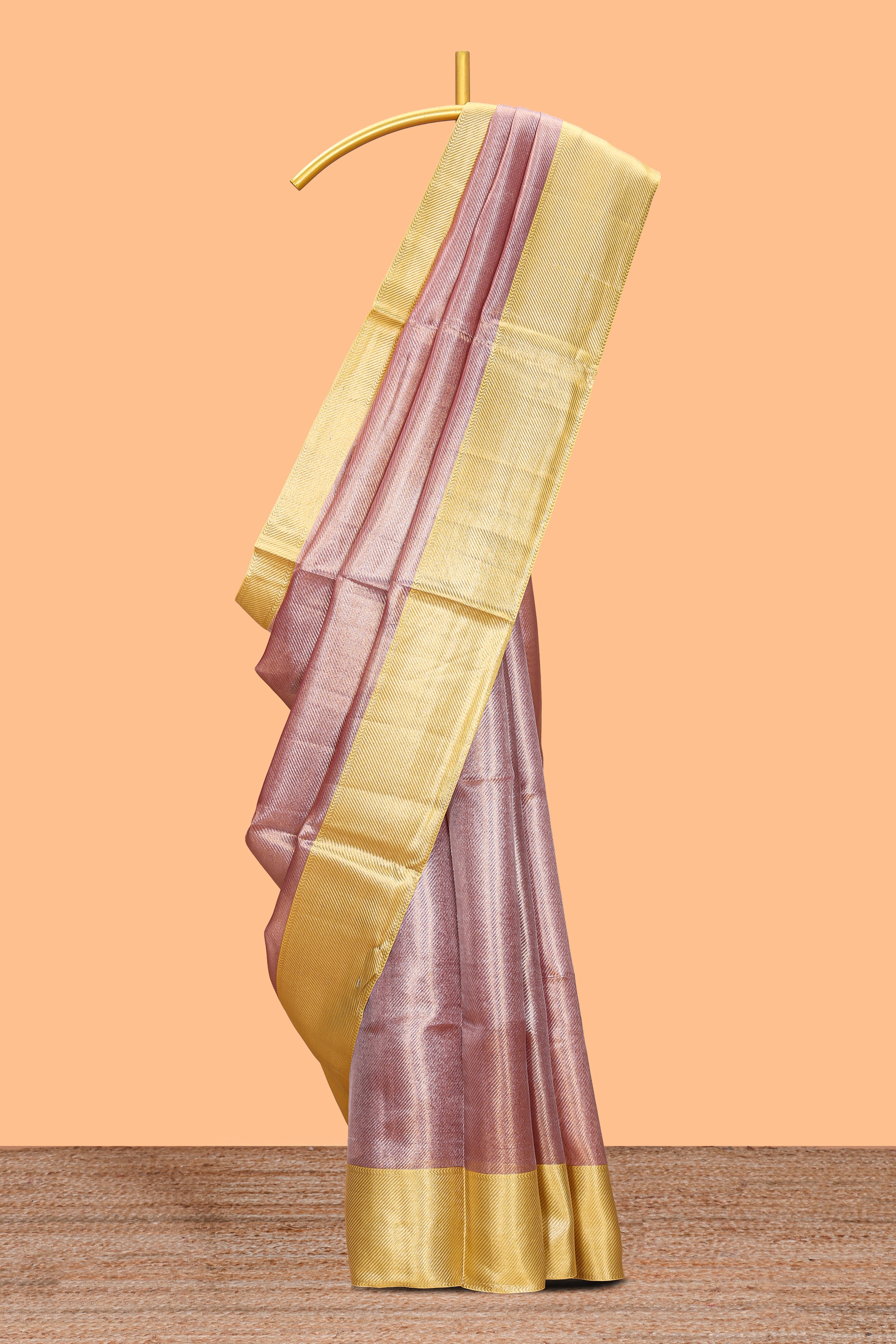 Dusty rose plain art tissue saree with contrast yellow border and blouse