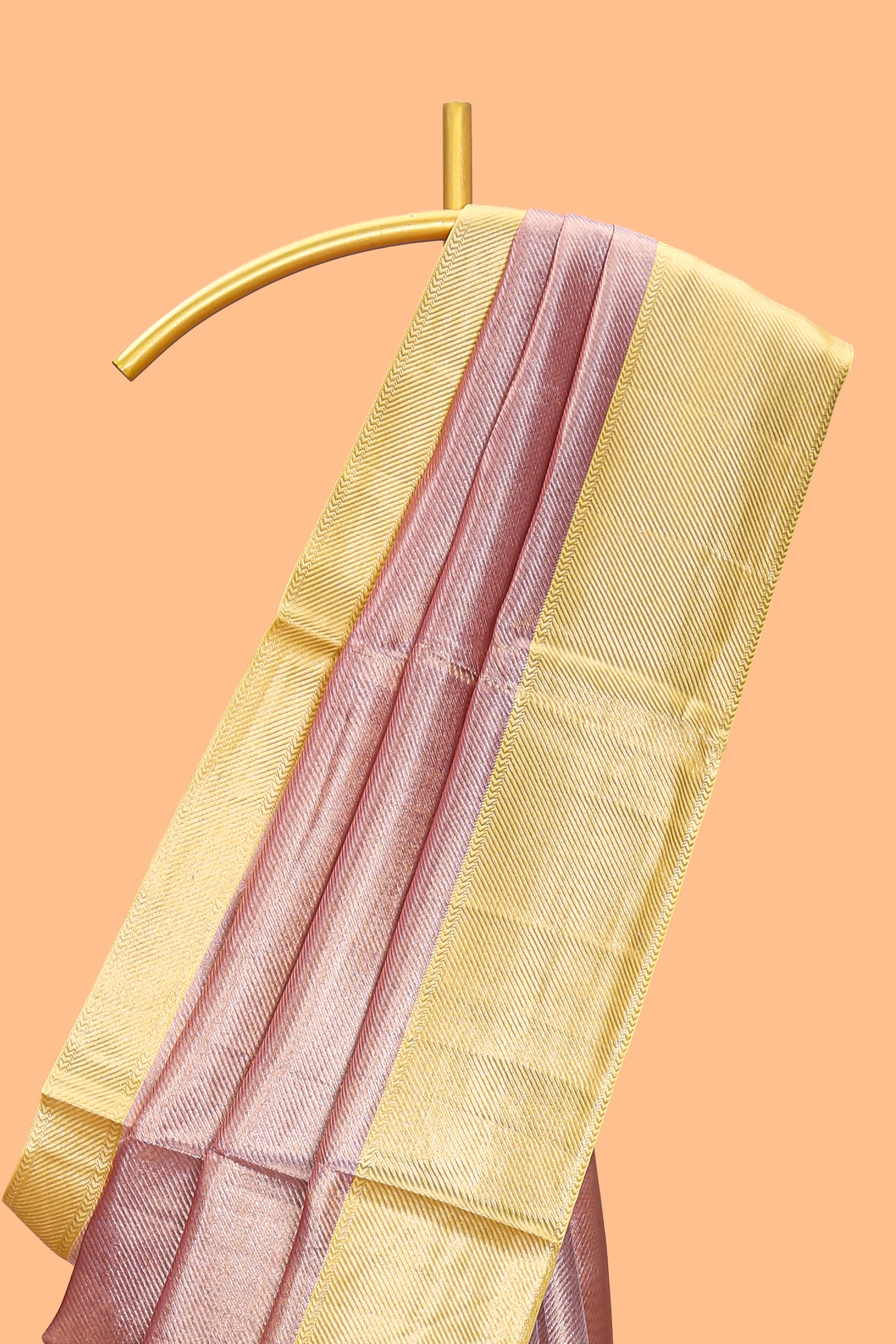 Dusty rose plain art tissue saree with contrast yellow border and blouse