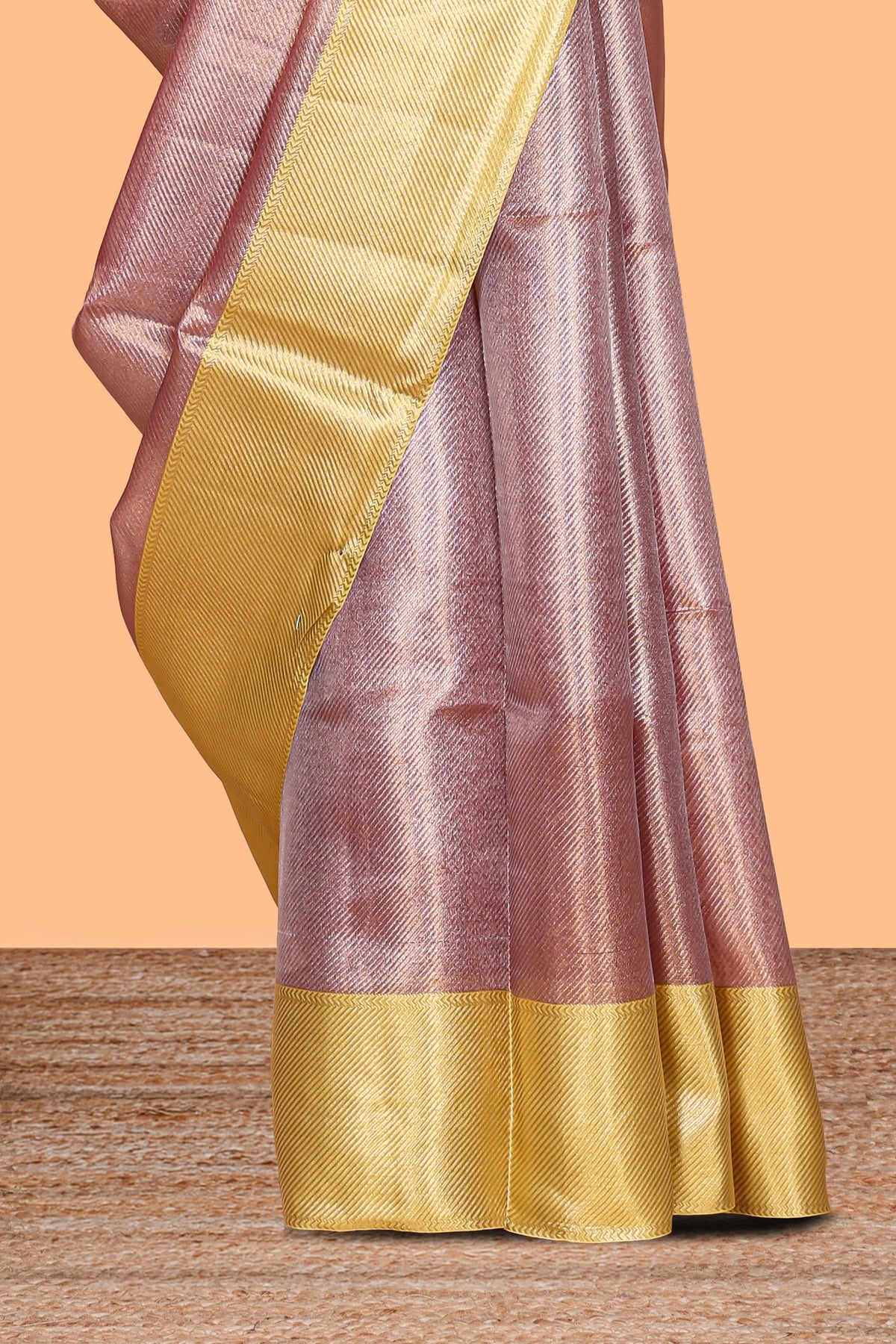 Dusty rose plain art tissue saree with contrast yellow border and blouse