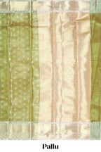Green butta designs and striped art tissue saree with contrast zari border and blouse