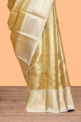 Gold zari motifs art tissue saree with contrast zari border and blouse