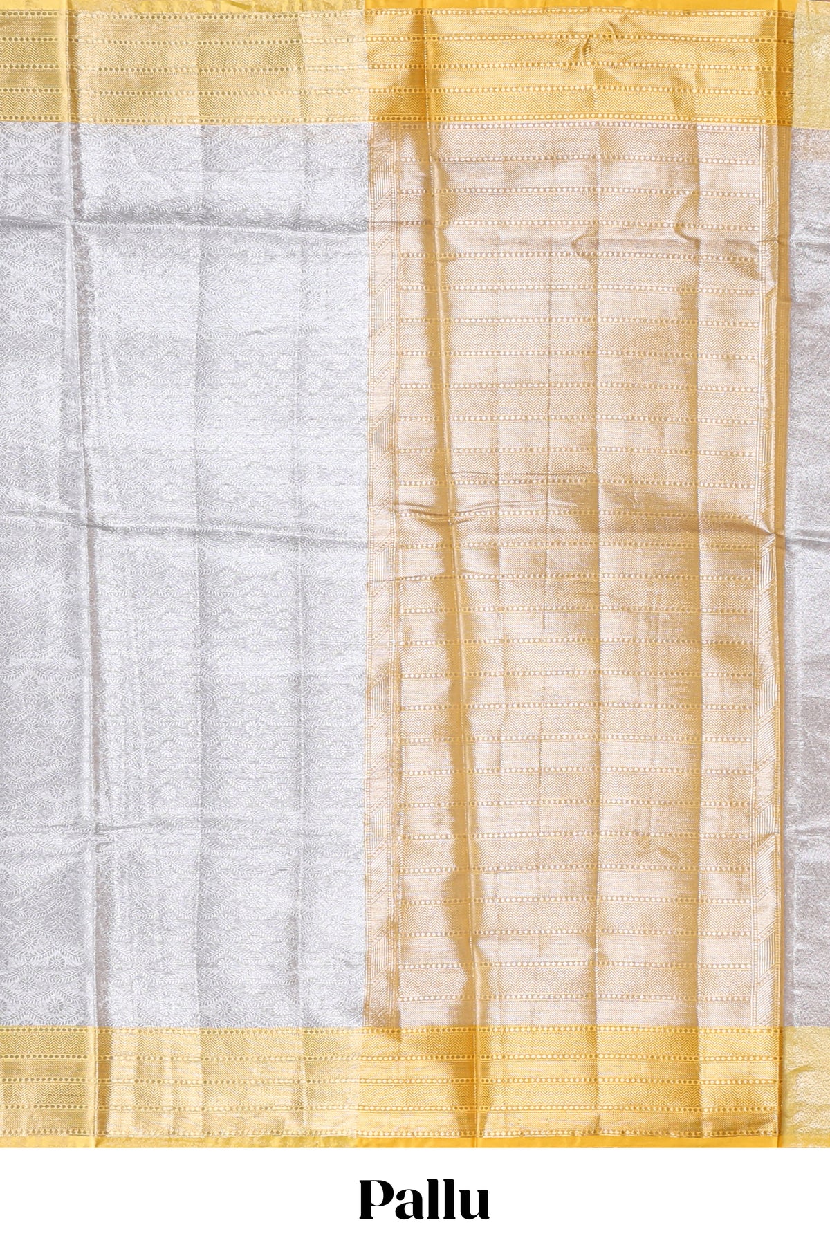Silver zari motifs art tissue saree with gold contrast border and blouse