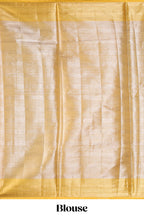 Silver zari motifs art tissue saree with gold contrast border and blouse