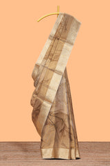 Brown floral & bird design art tissue saree with self zari border and matching blouse