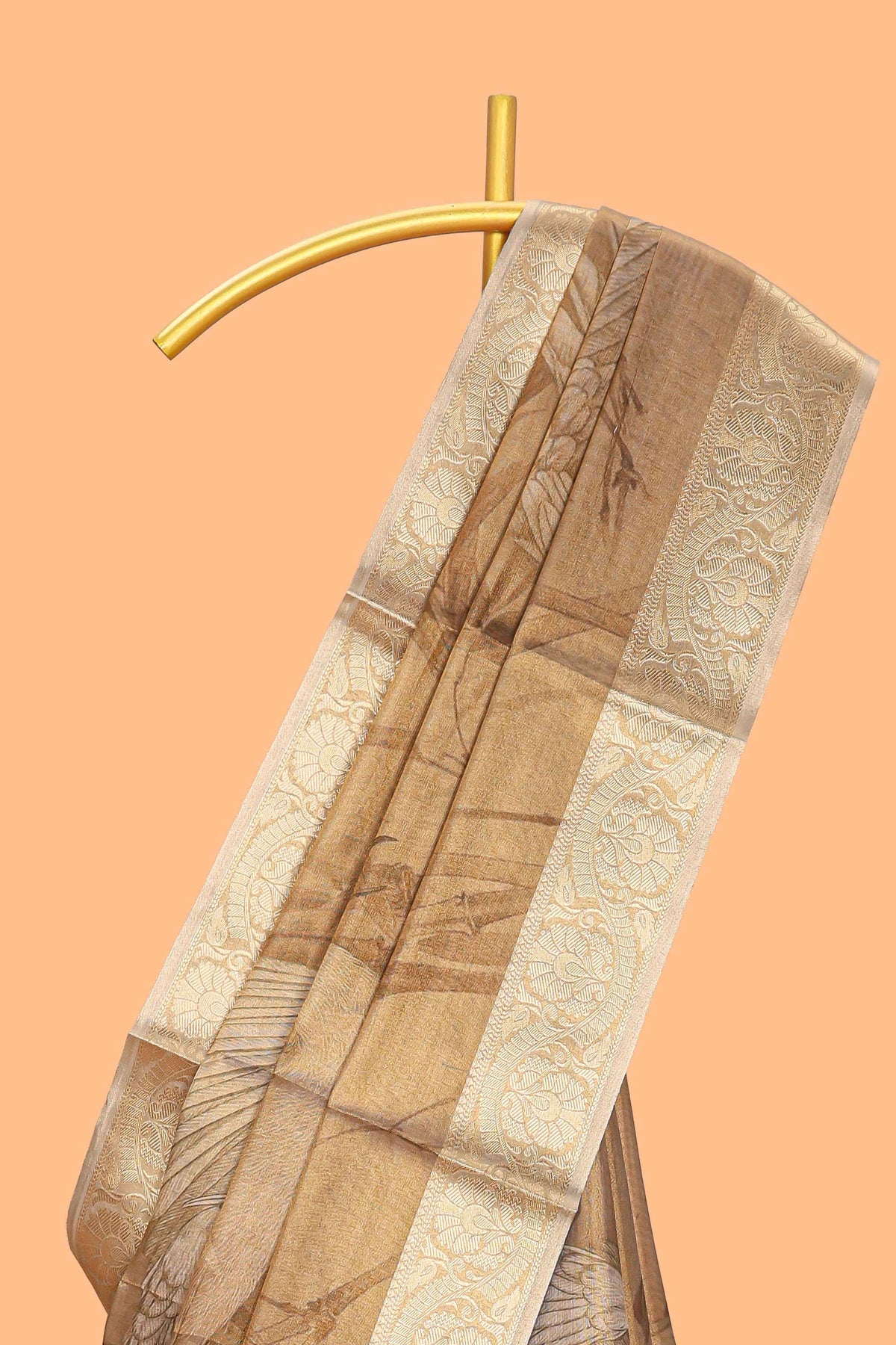 Brown floral & bird design art tissue saree with self zari border and matching blouse
