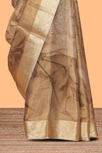 Brown floral & bird design art tissue saree with self zari border and matching blouse