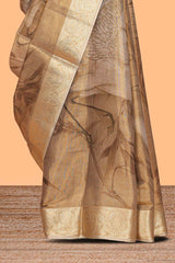Brown floral & bird design art tissue saree with self zari border and matching blouse