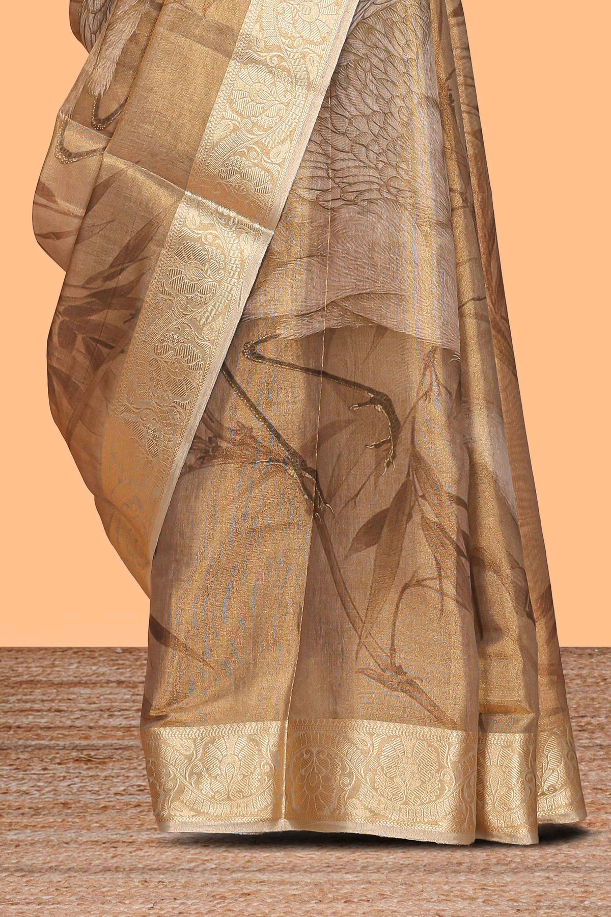 Brown floral & bird design art tissue saree with self zari border and matching blouse