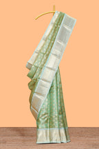 Green zari motifs design art tissue saree with contrast zari border and motifs blouse