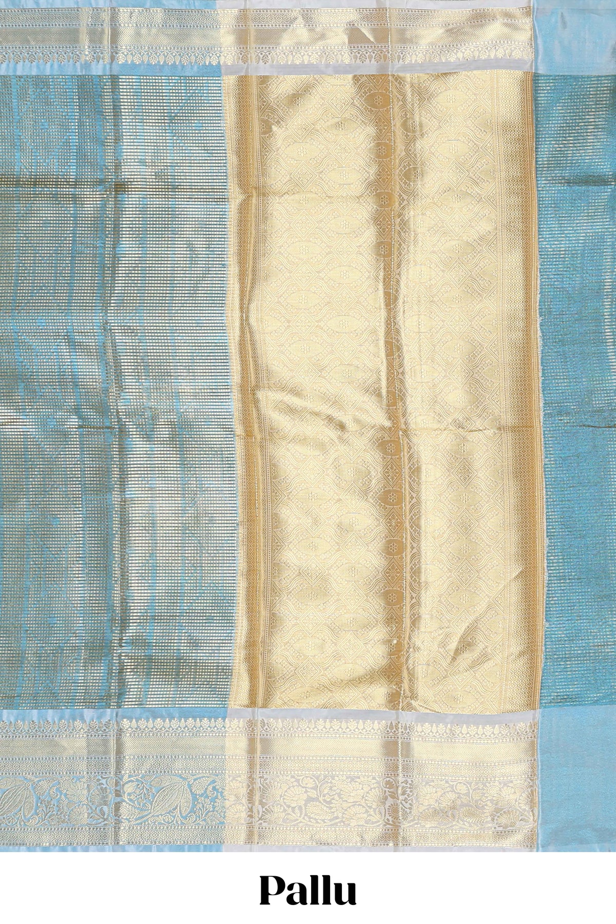 Blue zari design art tissue saree with self zari border and contrast blouse