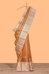 Orange zari design art tissue saree with contrast zari border and contrast blouse