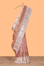 Rust orange zari design art tissue saree with contrast zari border and motifs blouse