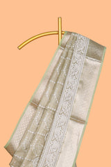 Sage green unique design art tissue saree with self zari border and matching blouse