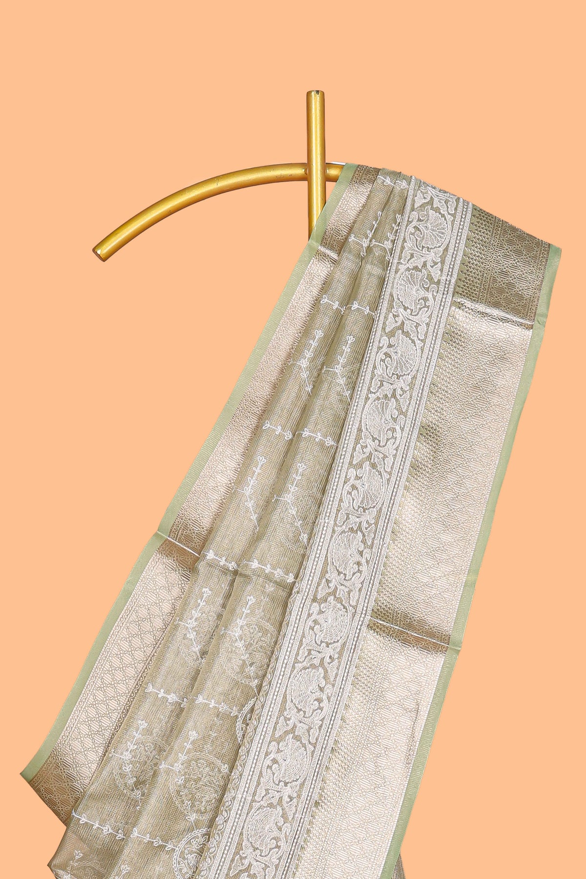 Sage green unique design art tissue saree with self zari border and matching blouse