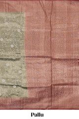 Olive green floral vine design art tissue saree with contrast zari border and blouse