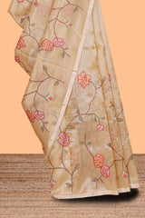 Borderless sandal floral pattern art tissue saree with floral design pallu and plain blouse