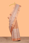 Orange geometric design art tissue saree with self zari border and plain blouse