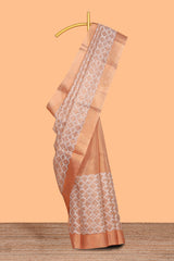 Orange geometric design art tissue saree with self zari border and plain blouse
