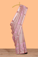 Pink floral design art tissue saree with zari border and Plain blouse